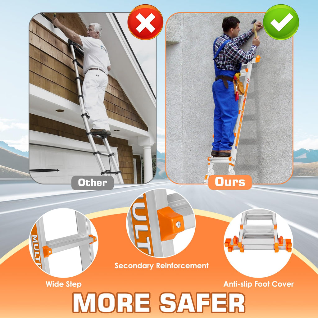 Telescoping A Frame Ladder, 17FT Multi Position Ladder with Stabilizer Bar & Wheels W3794