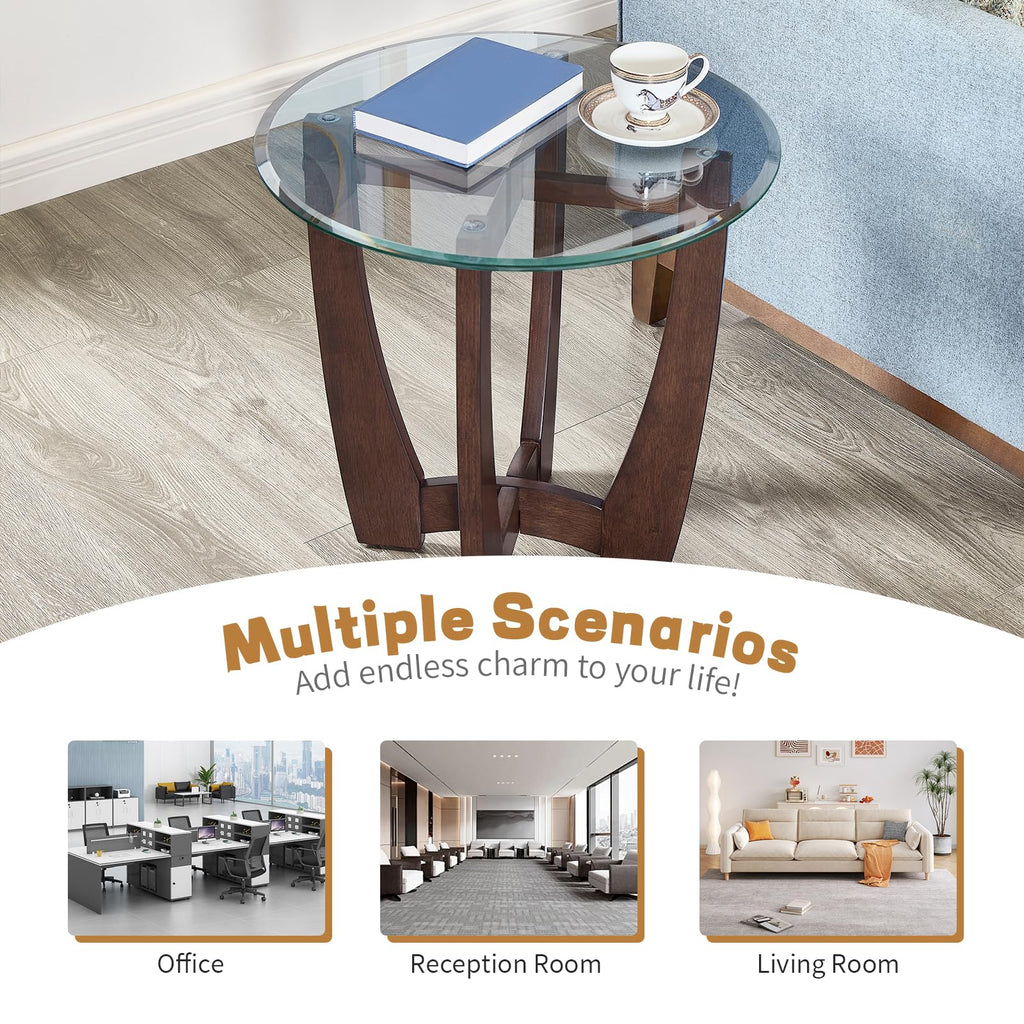 Round Glass End Table with Wood Base N4839