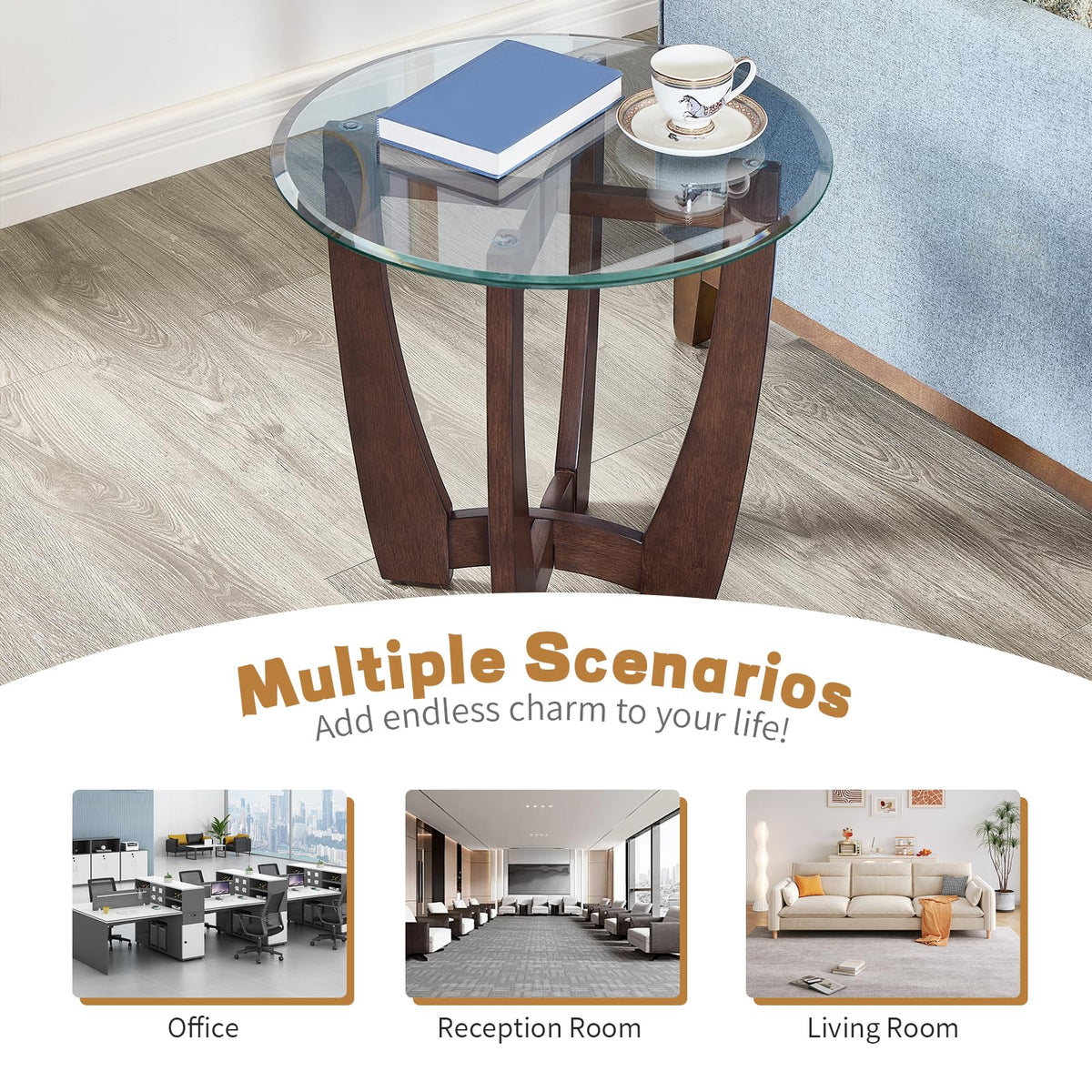 Round Glass End Table with Wood Base N4839