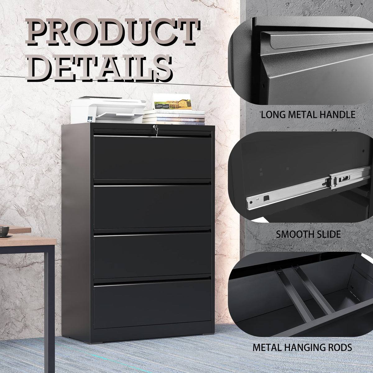 Black 4 Drawer Lateral File Cabinet with Lock F95266