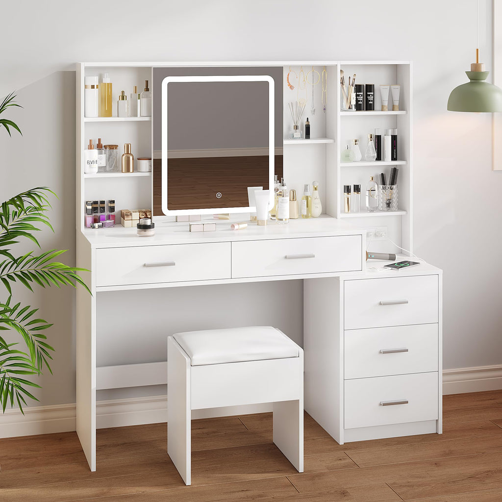 White Vanity Desk with Lighted Sliding Mirror, 5 Drawers and Stool Set F183703
