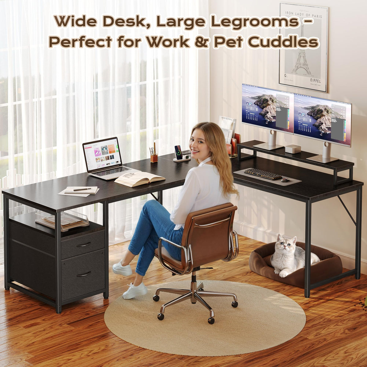 63 Inch L Shaped Desk with Power Outlets and USB-C Port, Black D31729