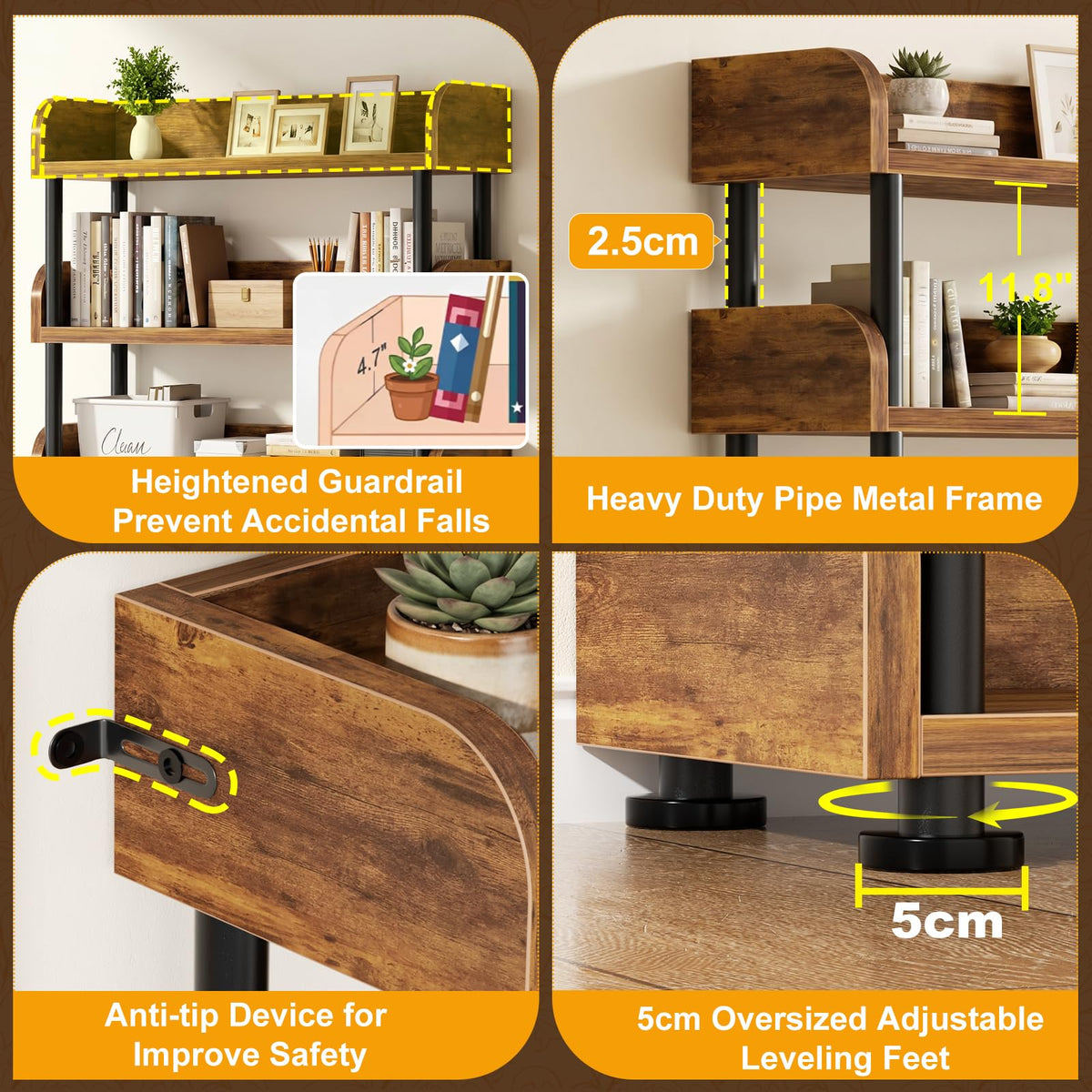 6-Tier Tall Open Bookshelf with Metal Frame Y555