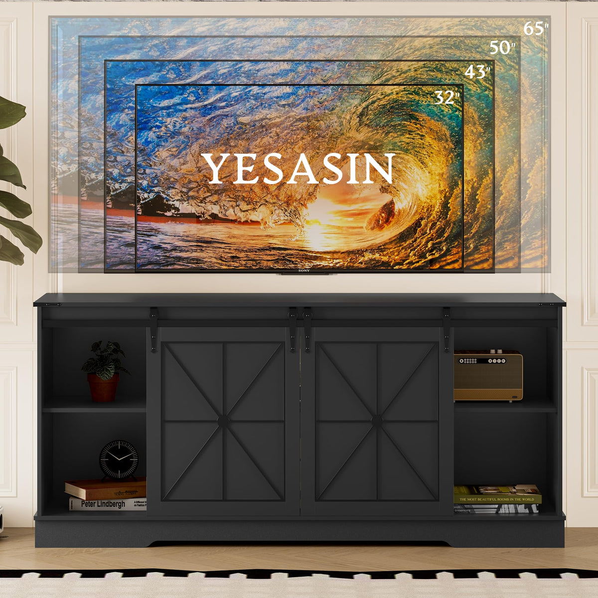 Black TV Stand with Sliding Barn Doors S272