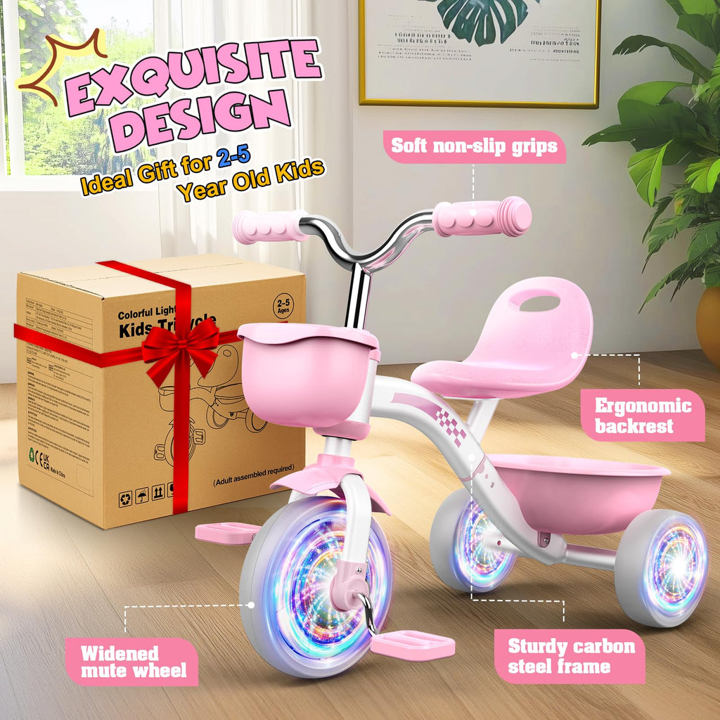Pink Toddler Tricycle with Adjustable Seat and Light Wheels I535182
