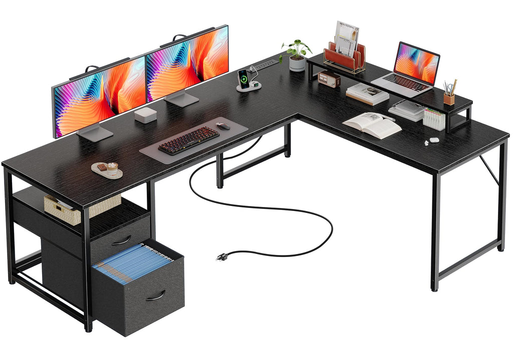 63 Inch L Shaped Desk with Power Outlets and USB-C Port, Black D31729