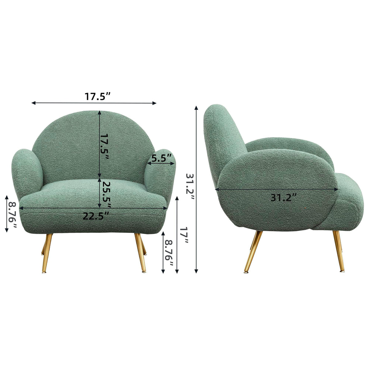 Green Sherpa Accent Chair Set of 2 with Gold Legs J111