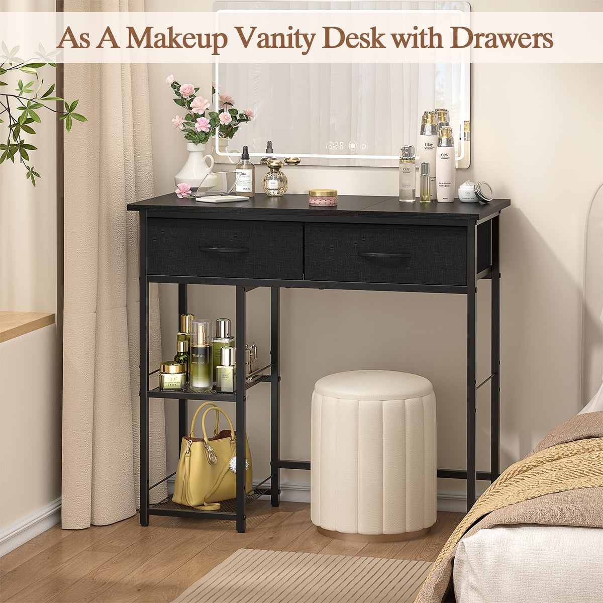 Black Small Writing Desk with 2 Drawers and Storage Shelf M447