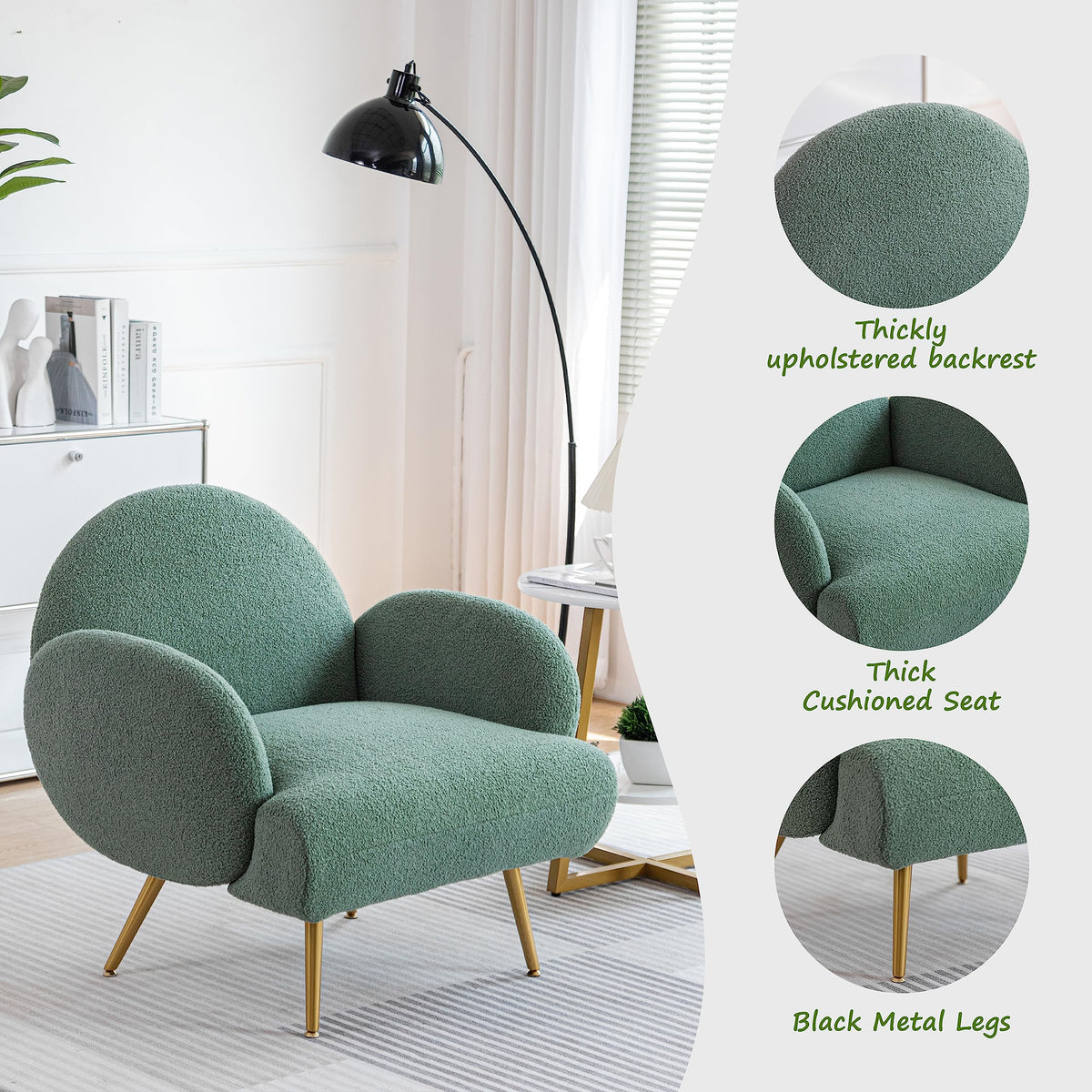 Green Sherpa Accent Chair Set of 2 with Gold Legs J111