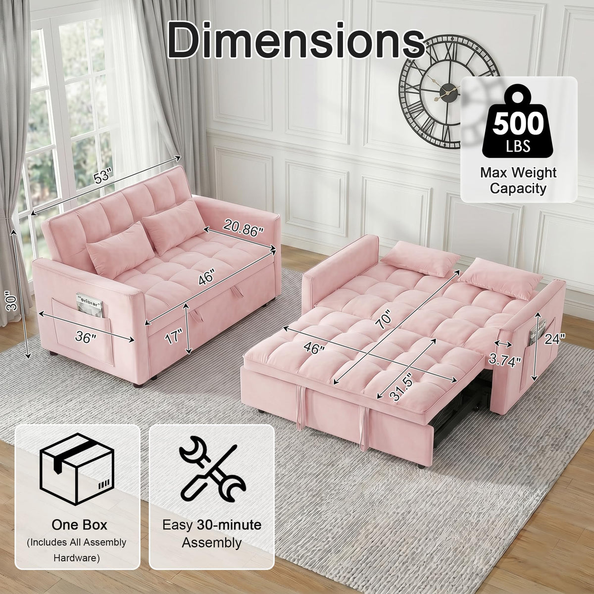 Pink Velvet 3-in-1 Sofa Bed H36875