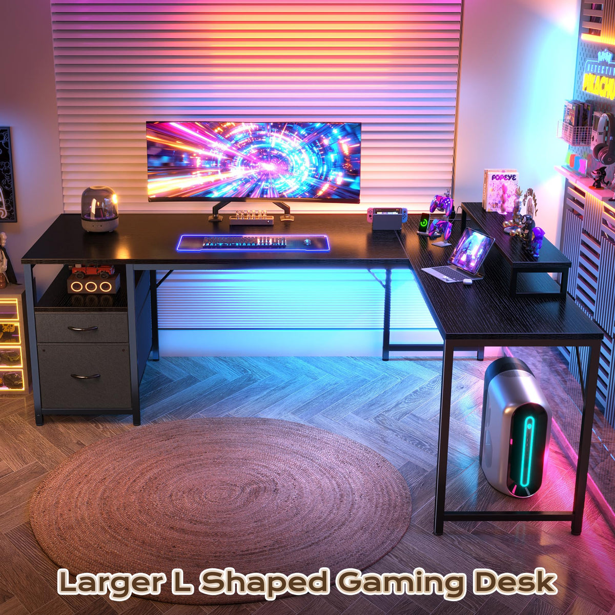 63 Inch L Shaped Desk with Power Outlets and USB-C Port, Black D31729