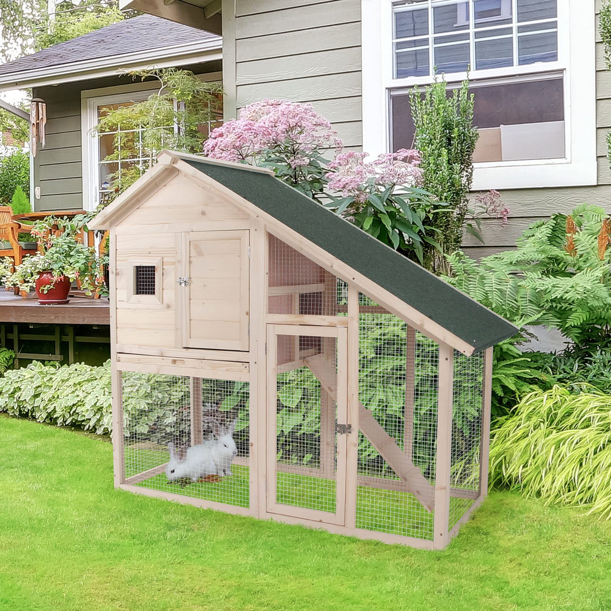 55 Inch 2-Tier Wooden Rabbit Hutch C577333