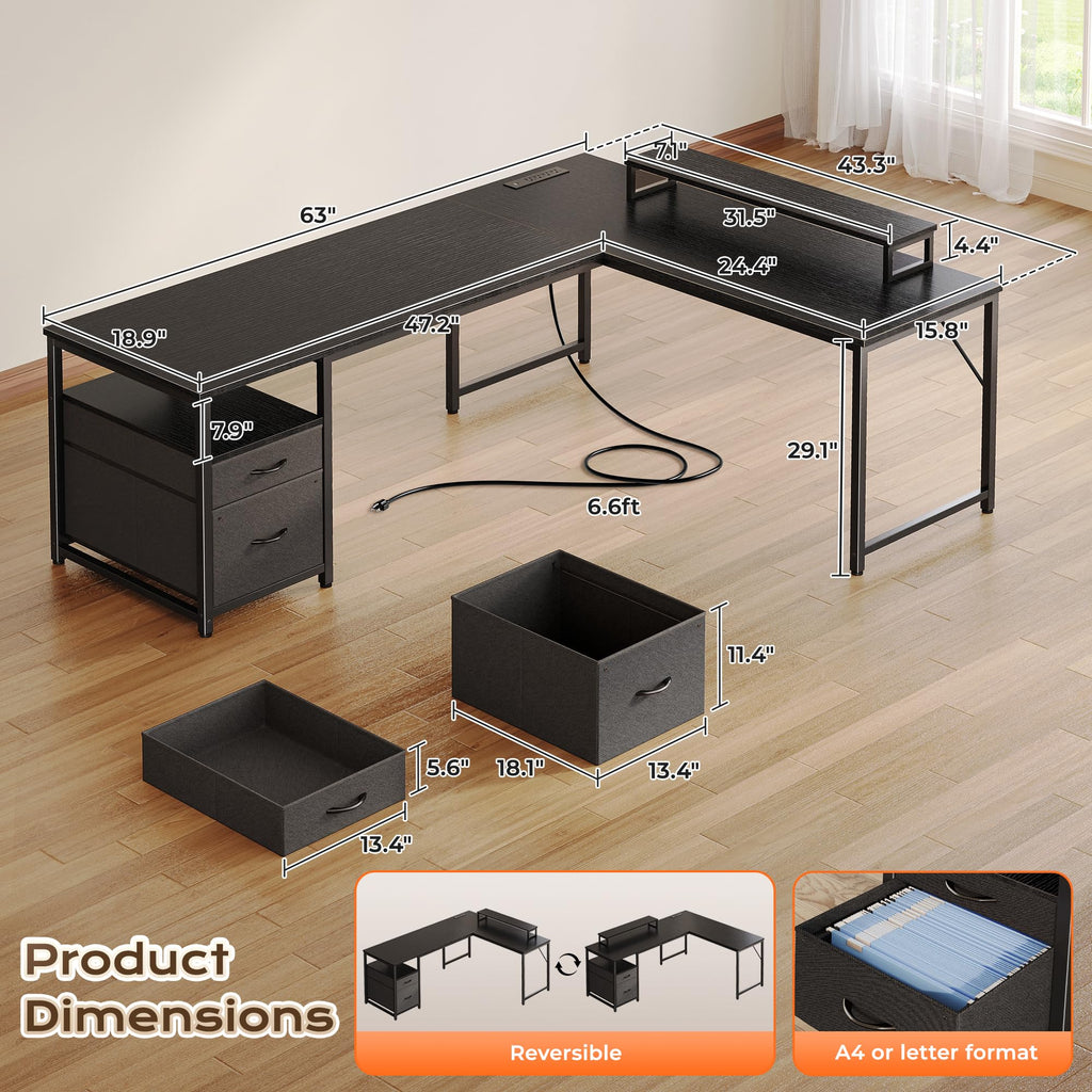 63 Inch L Shaped Desk with Power Outlets and USB-C Port, Black D31729