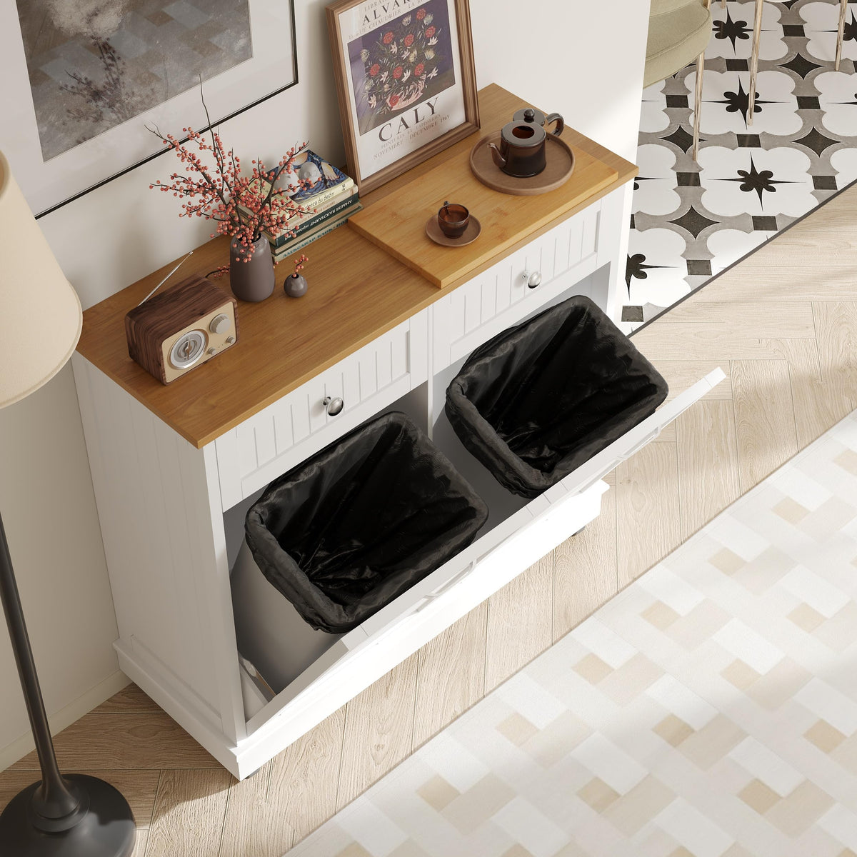 20 Gallon Wooden Tilt-Out Trash Can Cabinet with 2 Drawers, White H7314