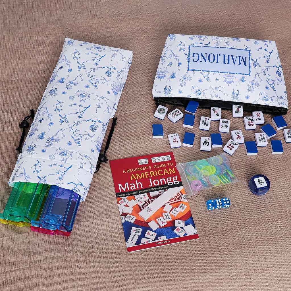 166 Blue Mahjong Tile Set with Bag and 4 All-in-One Rack/Pushers S84194