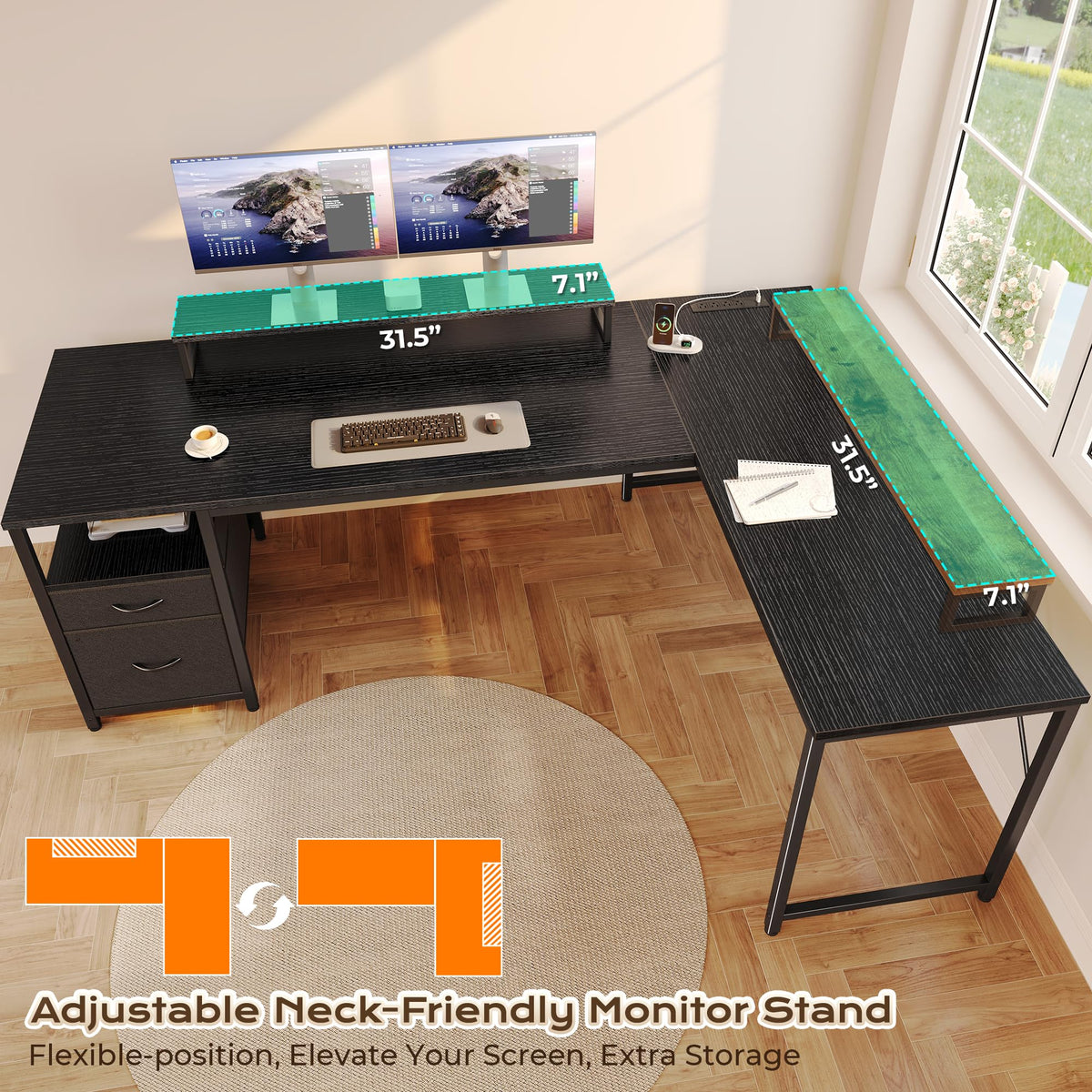 63 Inch L Shaped Desk with Power Outlets and USB-C Port, Black D31729