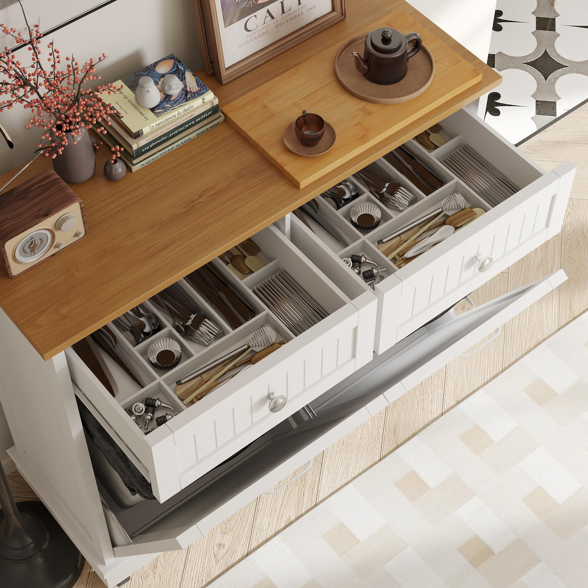 20 Gallon Wooden Tilt-Out Trash Can Cabinet with 2 Drawers, White H7314
