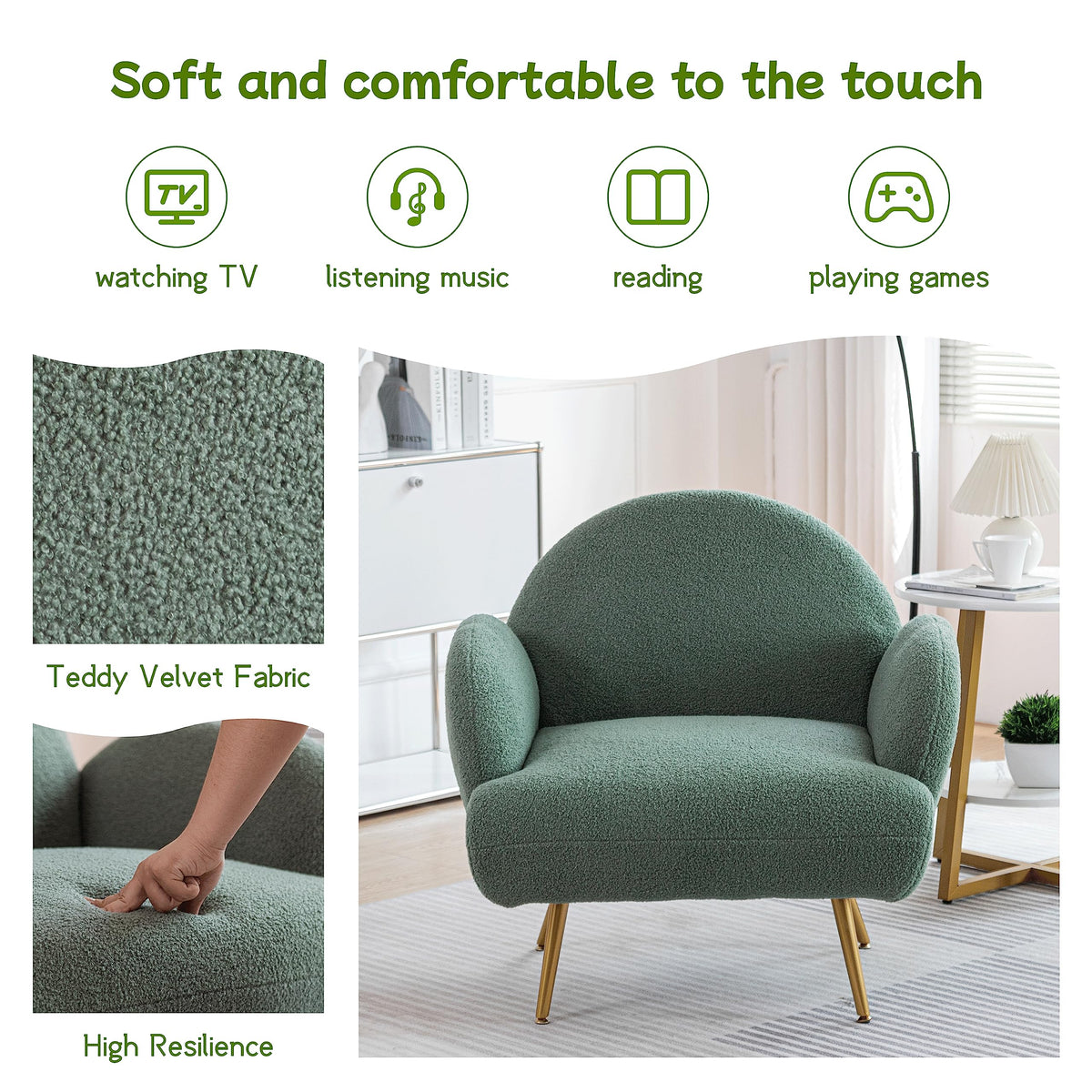 Green Sherpa Accent Chair Set of 2 with Gold Legs J111
