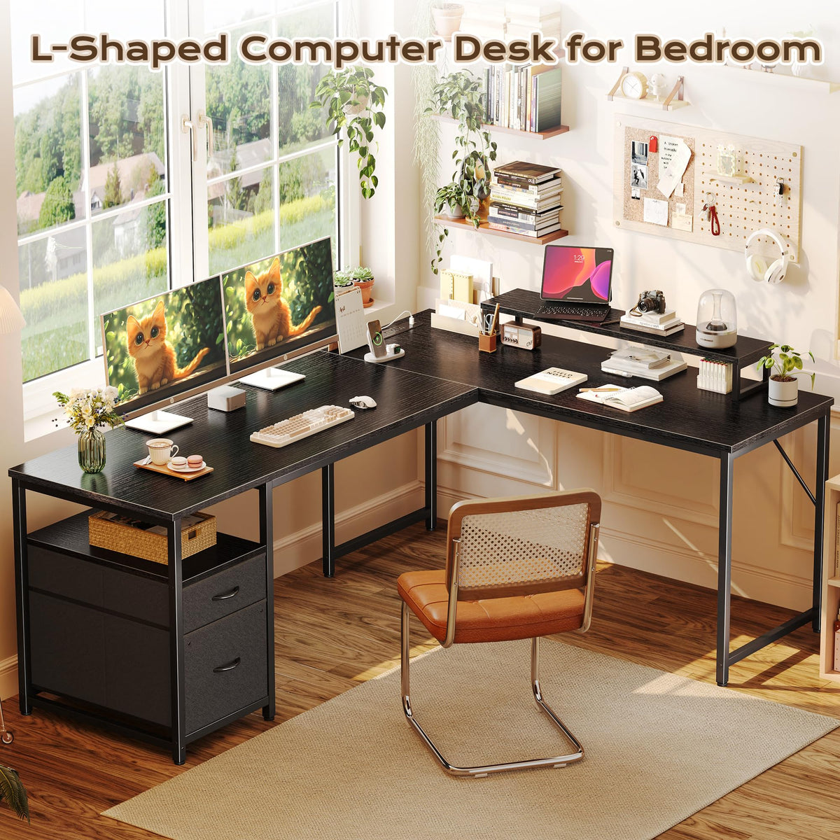 63 Inch L Shaped Desk with Power Outlets and USB-C Port, Black D31729