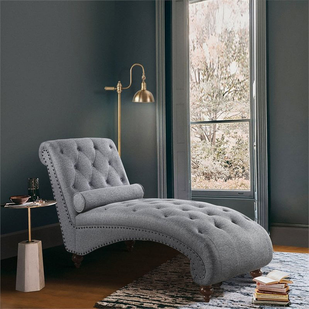 Dark Gray Wood & Fabric Chaise with 1 Bolster Pillow R354