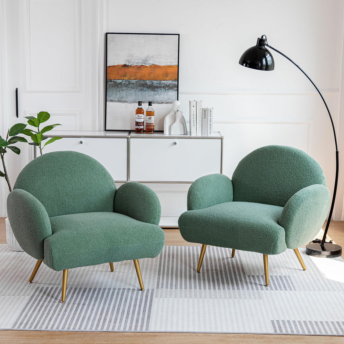 Green Sherpa Accent Chair Set of 2 with Gold Legs J111