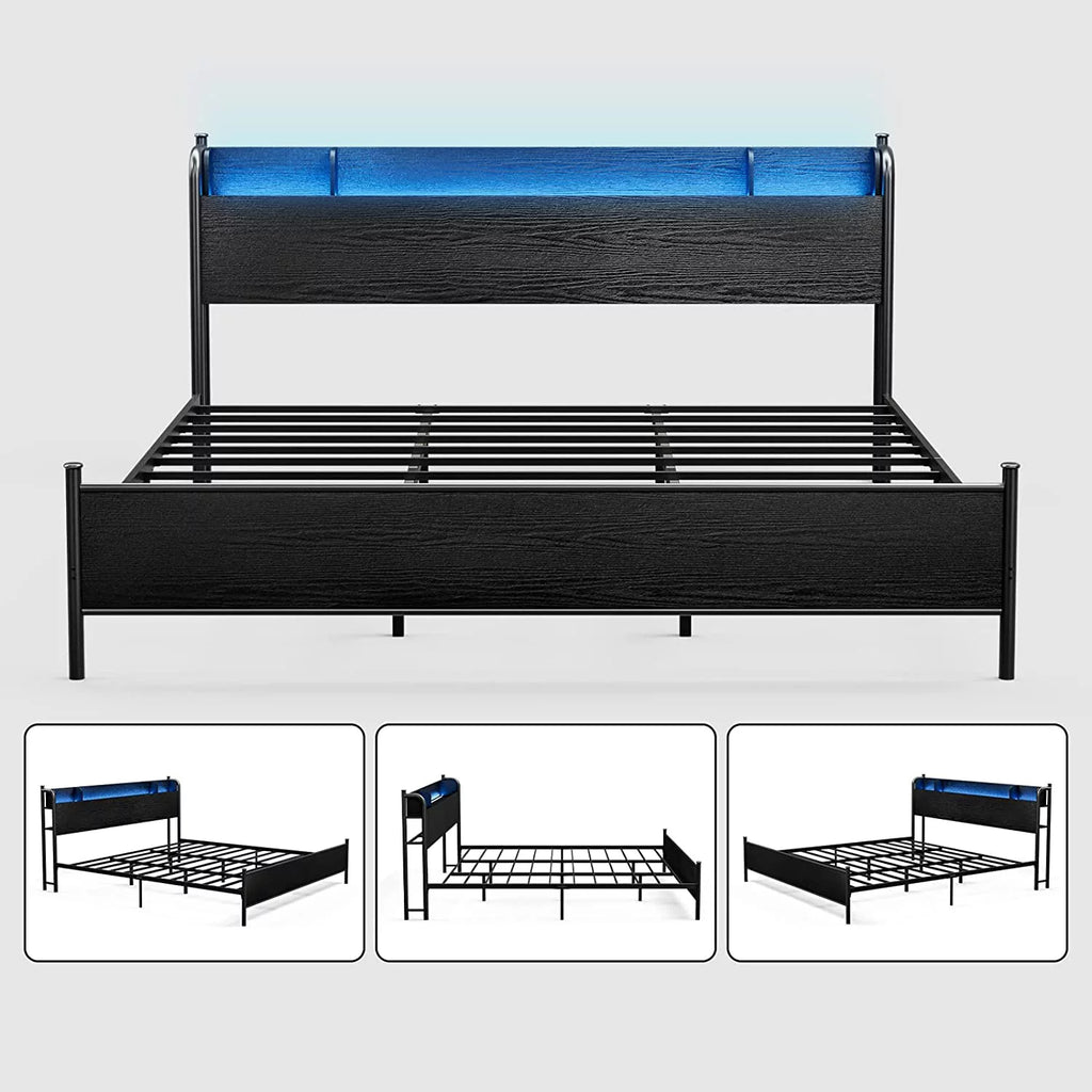 Black Twin XL LED Bed Frame with Storage Headboard and USB Ports Y911818