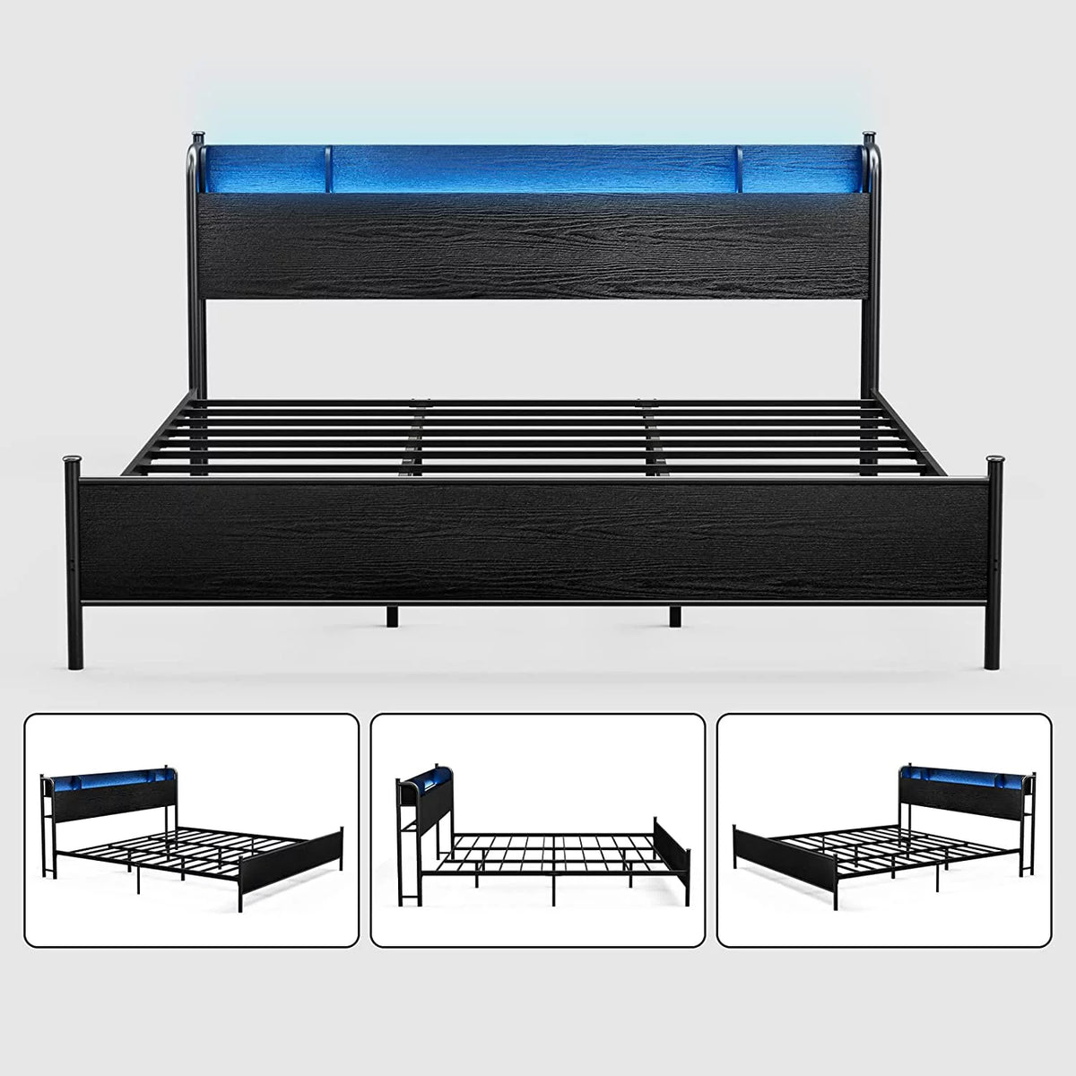 Black Twin XL LED Bed Frame with Storage Headboard and USB Ports Y911818